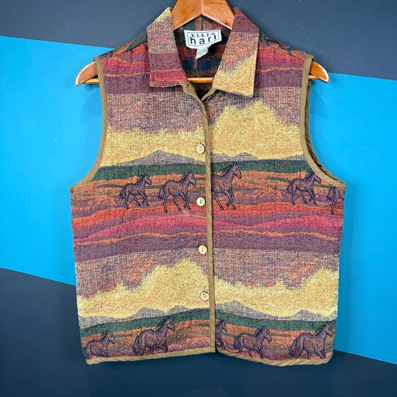 KEREN hart Vintage 1990s Wild Horses Tapestry Woven Vest Selected size Large - Picture 2 of 11
